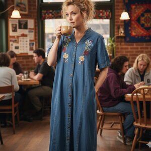 🌼 Vtg Carolina Blues Embroidered Denim Midi Dress 16 🌼